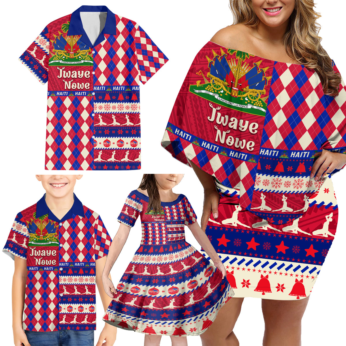haiti-christmas-family-matching-off-shoulder-short-dress-and-hawaiian-shirt-jwaye-nowe-2023-with-coat-of-arms