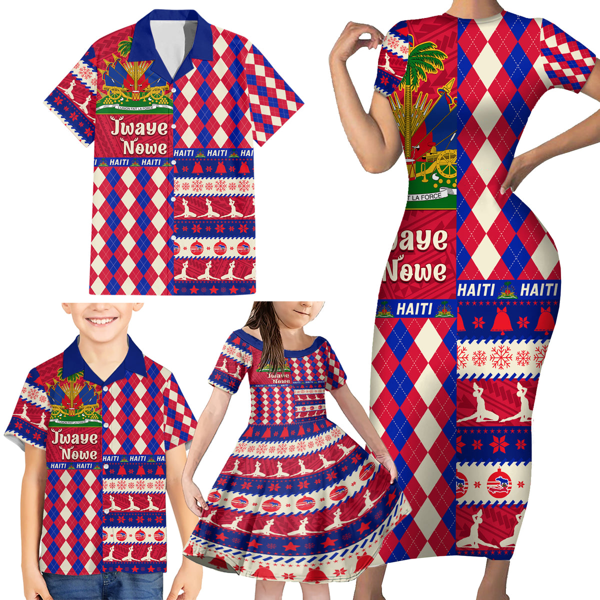 Haiti Christmas Family Matching Short Sleeve Bodycon Dress and Hawaiian Shirt Jwaye Nowe 2023 With Coat Of Arms - Wonder Print Shop
