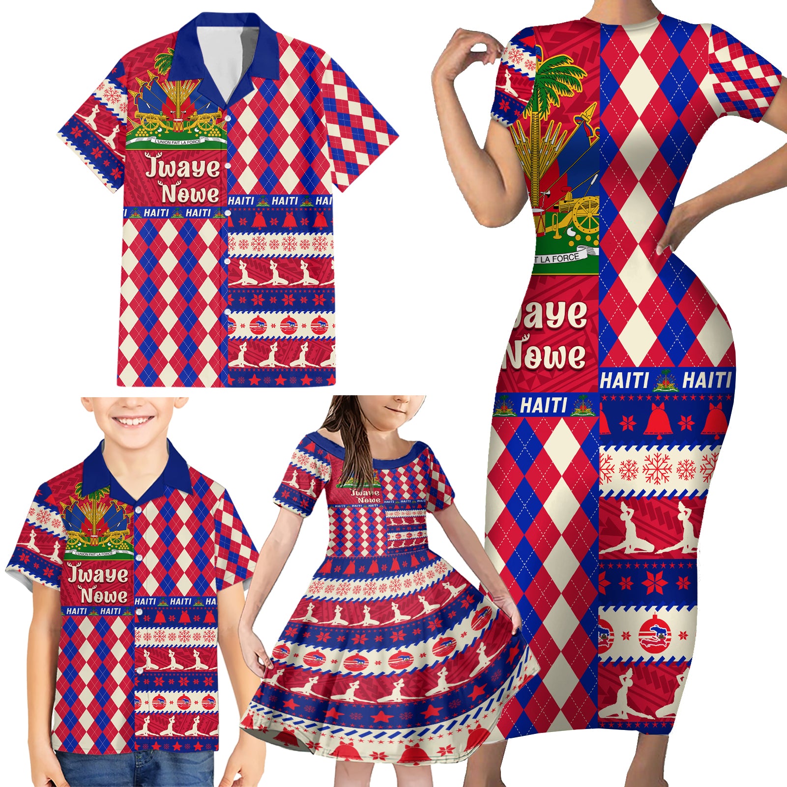 haiti-christmas-family-matching-short-sleeve-bodycon-dress-and-hawaiian-shirt-jwaye-nowe-2023-with-coat-of-arms
