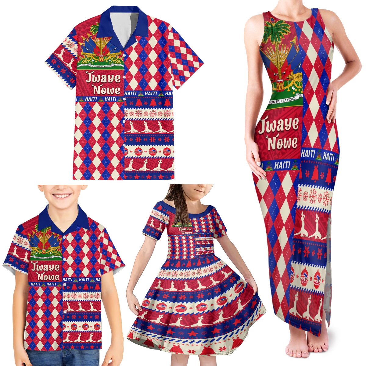 haiti-christmas-family-matching-tank-maxi-dress-and-hawaiian-shirt-jwaye-nowe-2023-with-coat-of-arms