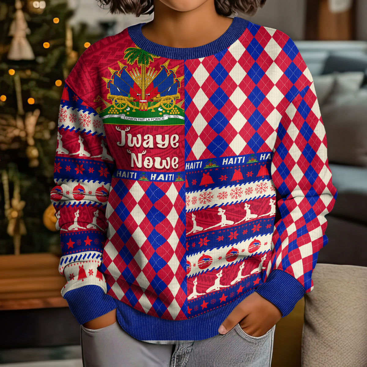 Haiti Christmas Kid Ugly Christmas Sweater Jwaye Nowe 2023 With Coat Of Arms - Wonder Print Shop