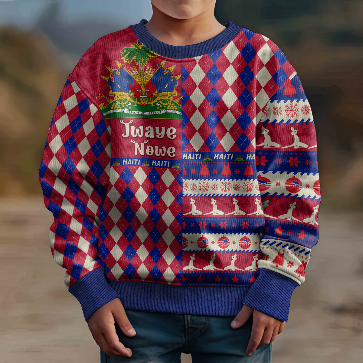 Haiti Christmas Kid Ugly Christmas Sweater Jwaye Nowe 2023 With Coat Of Arms - Wonder Print Shop