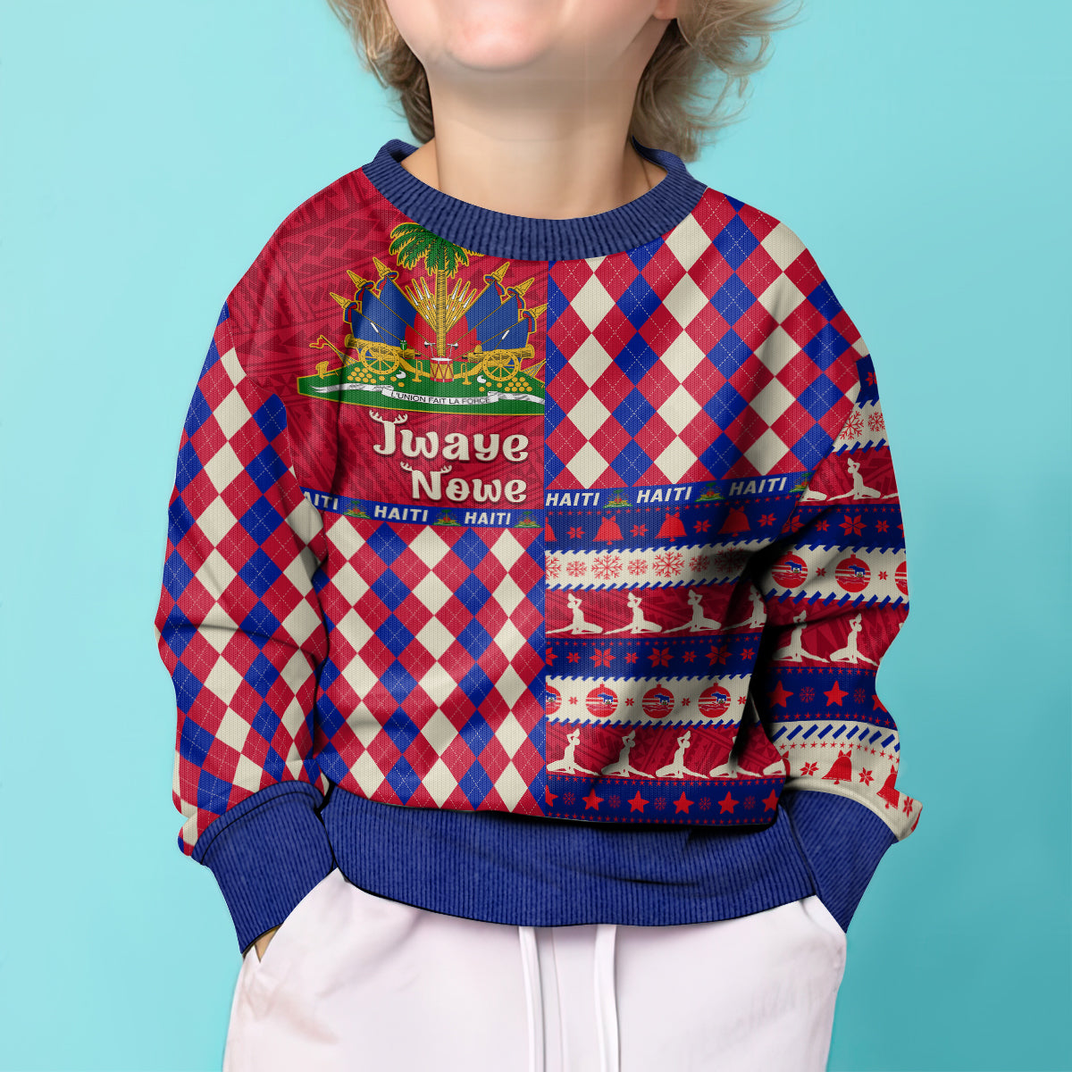 Haiti Christmas Kid Ugly Christmas Sweater Jwaye Nowe 2023 With Coat Of Arms - Wonder Print Shop