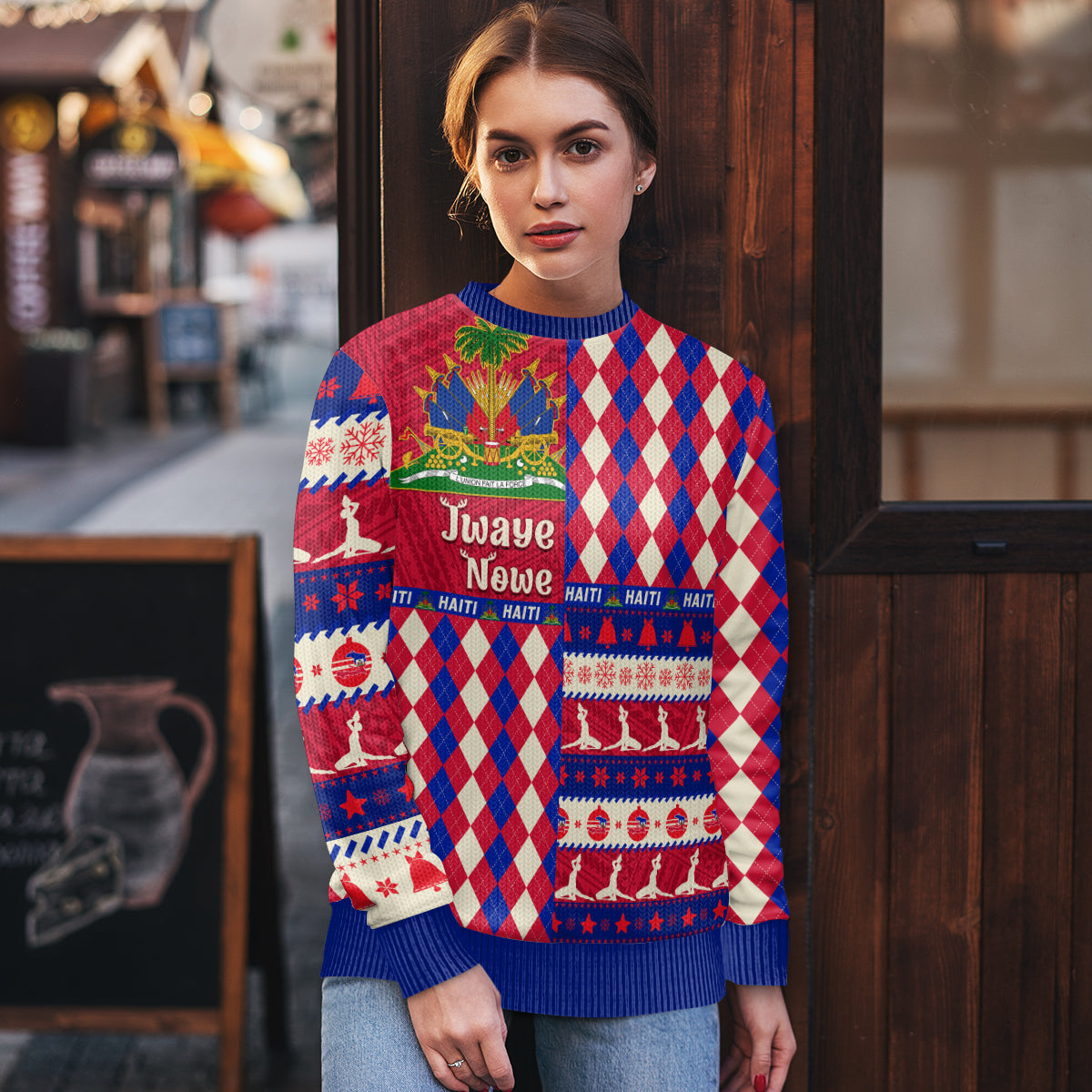 Haiti Christmas Ugly Christmas Sweater Jwaye Nowe 2023 With Coat Of Arms - Wonder Print Shop