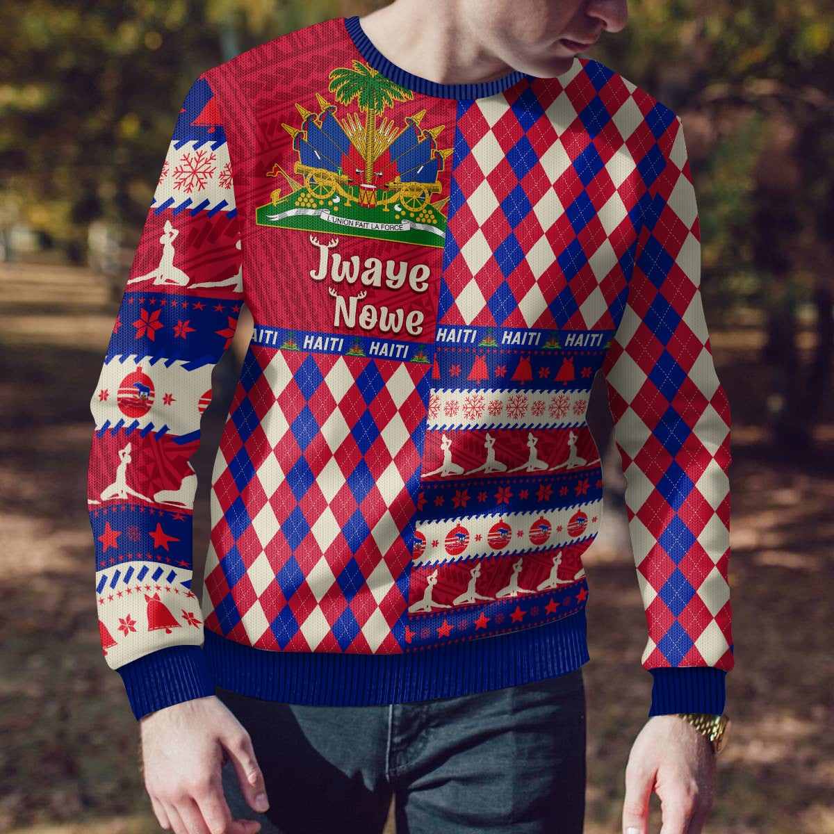 Haiti Christmas Ugly Christmas Sweater Jwaye Nowe 2023 With Coat Of Arms - Wonder Print Shop