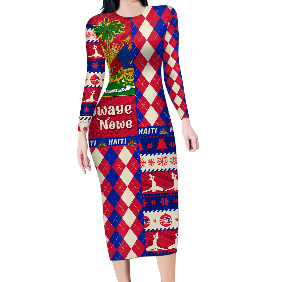 Haiti Christmas Long Sleeve Bodycon Dress Jwaye Nowe 2023 With Coat Of Arms - Wonder Print Shop