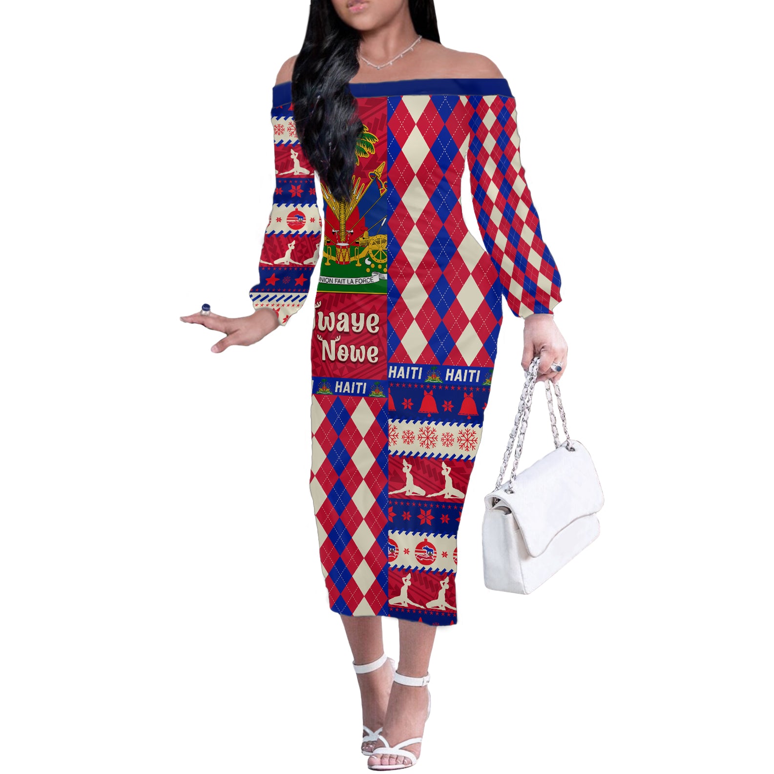 Haiti Christmas Off The Shoulder Long Sleeve Dress Jwaye Nowe 2023 With Coat Of Arms - Wonder Print Shop