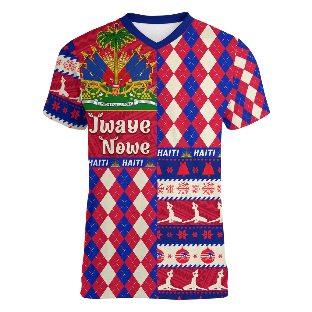 Haiti Christmas Women V Neck T Shirt Jwaye Nowe 2023 With Coat Of Arms - Wonder Print Shop