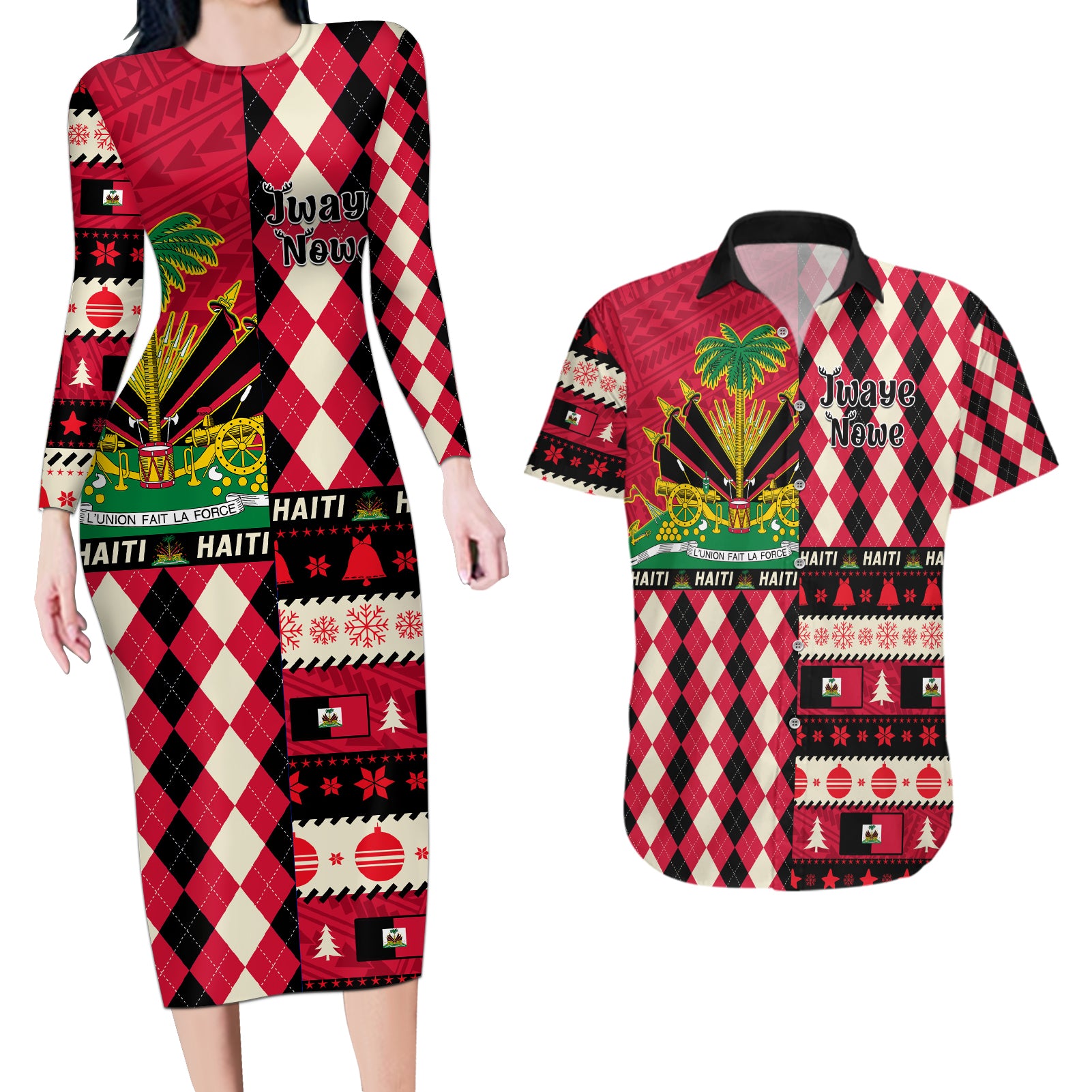 Haiti 1964 Christmas Couples Matching Long Sleeve Bodycon Dress and Hawaiian Shirt Jwaye Nowe 2023 With Coat Of Arms - Wonder Print Shop