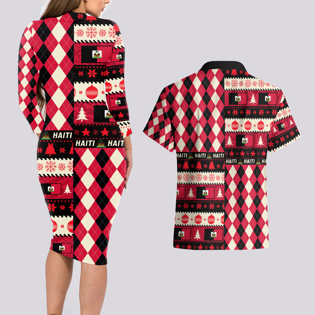 Haiti 1964 Christmas Couples Matching Long Sleeve Bodycon Dress and Hawaiian Shirt Jwaye Nowe 2023 With Coat Of Arms - Wonder Print Shop