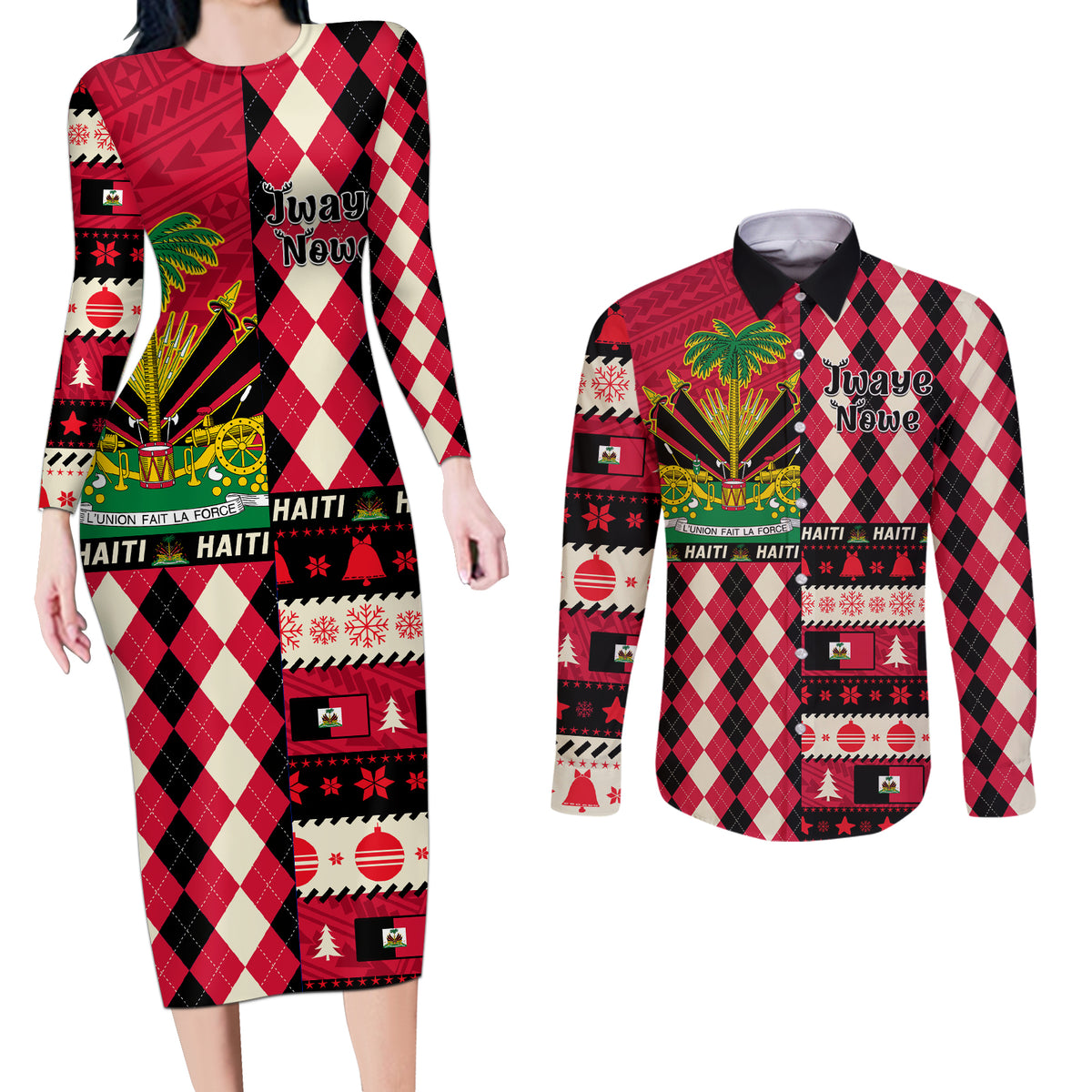 Haiti 1964 Christmas Couples Matching Long Sleeve Bodycon Dress and Long Sleeve Button Shirt Jwaye Nowe 2023 With Coat Of Arms - Wonder Print Shop