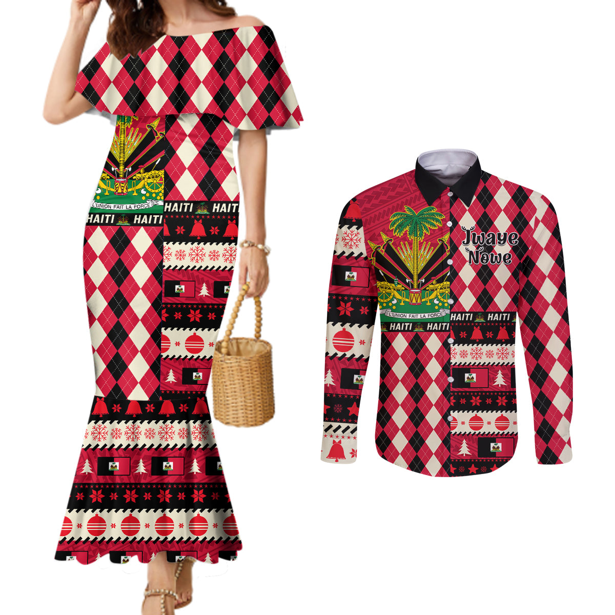 haiti-1964-christmas-couples-matching-mermaid-dress-and-long-sleeve-button-shirt-jwaye-nowe-2023-with-coat-of-arms