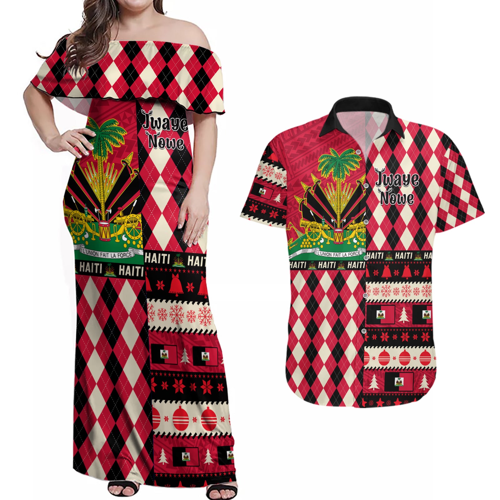 haiti-1964-christmas-couples-matching-off-shoulder-maxi-dress-and-hawaiian-shirt-jwaye-nowe-2023-with-coat-of-arms