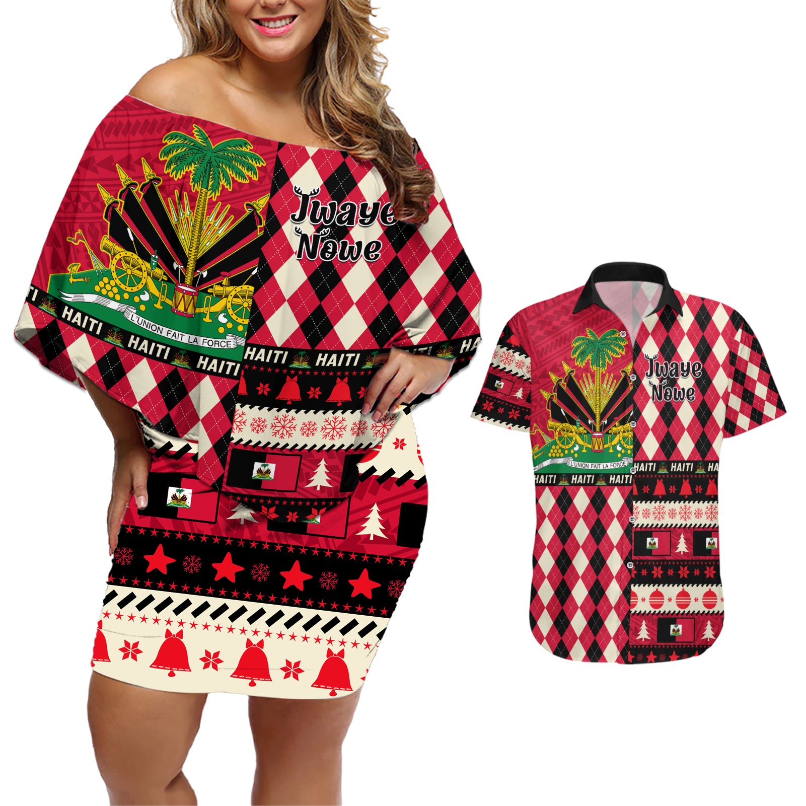 Haiti 1964 Christmas Couples Matching Off Shoulder Short Dress and Hawaiian Shirt Jwaye Nowe 2023 With Coat Of Arms - Wonder Print Shop