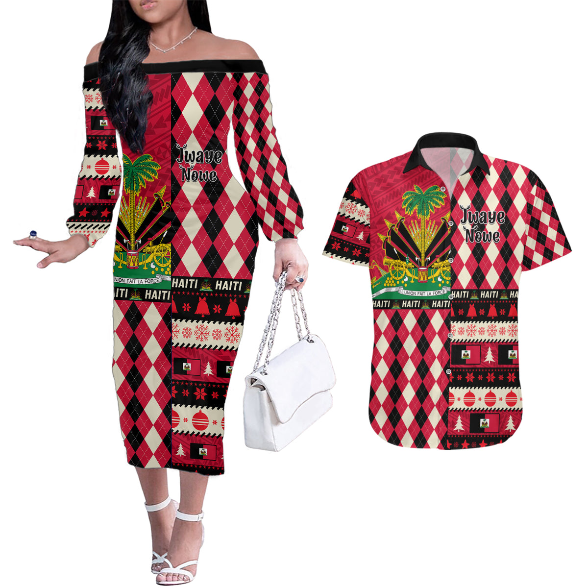 Haiti 1964 Christmas Couples Matching Off The Shoulder Long Sleeve Dress and Hawaiian Shirt Jwaye Nowe 2023 With Coat Of Arms - Wonder Print Shop