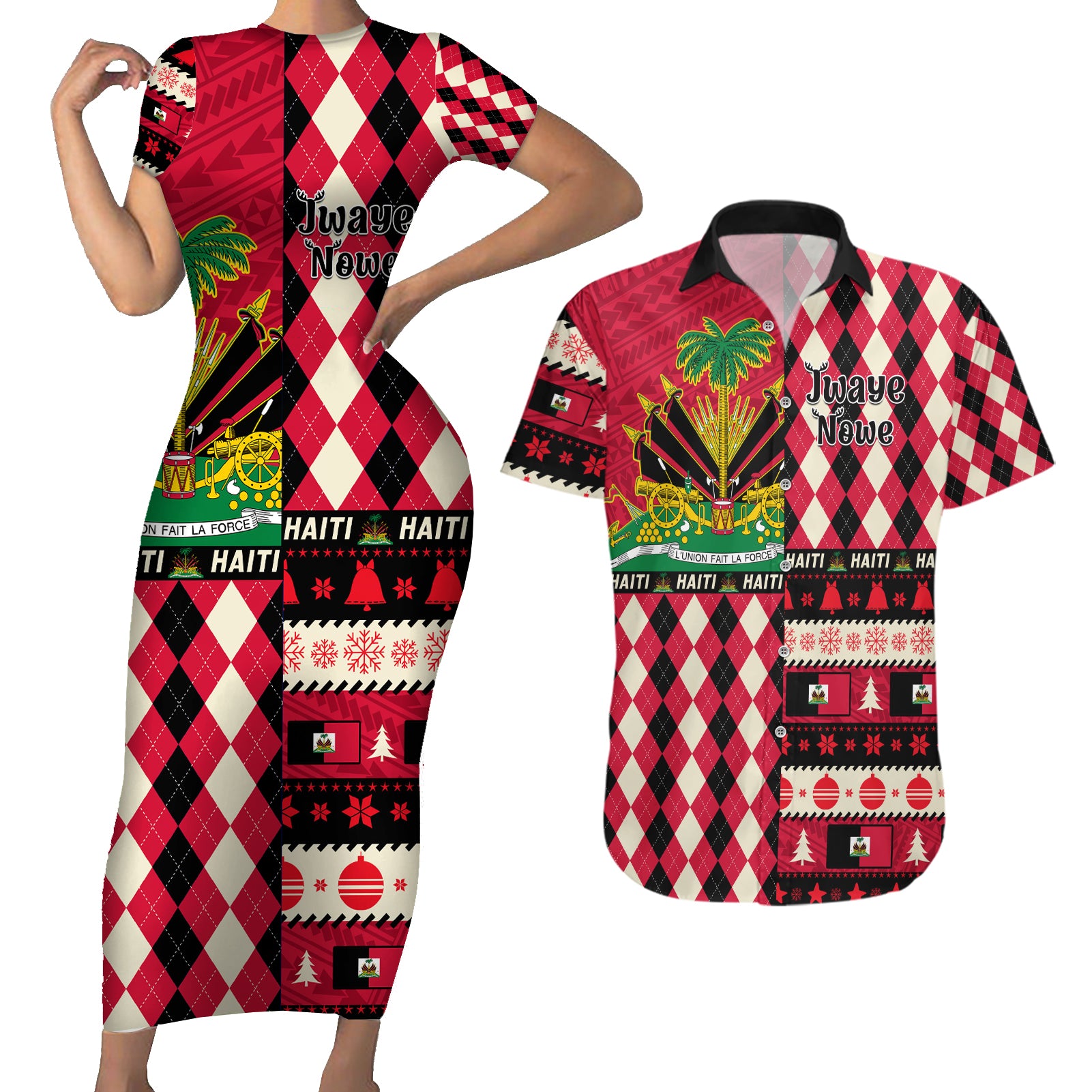 haiti-1964-christmas-couples-matching-short-sleeve-bodycon-dress-and-hawaiian-shirt-jwaye-nowe-2023-with-coat-of-arms