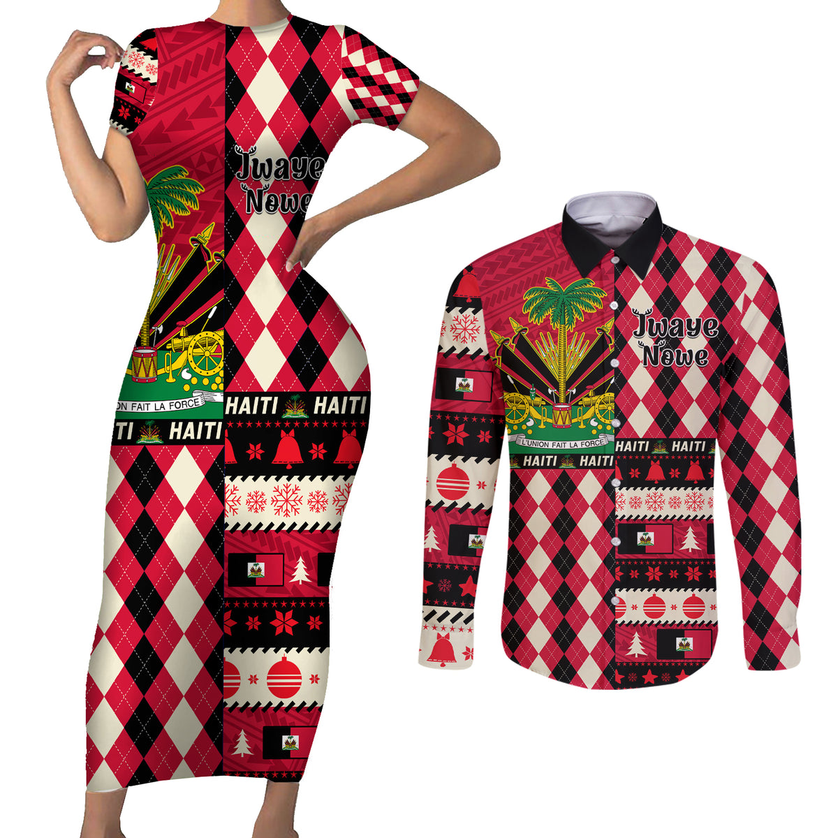 Haiti 1964 Christmas Couples Matching Short Sleeve Bodycon Dress and Long Sleeve Button Shirt Jwaye Nowe 2023 With Coat Of Arms - Wonder Print Shop