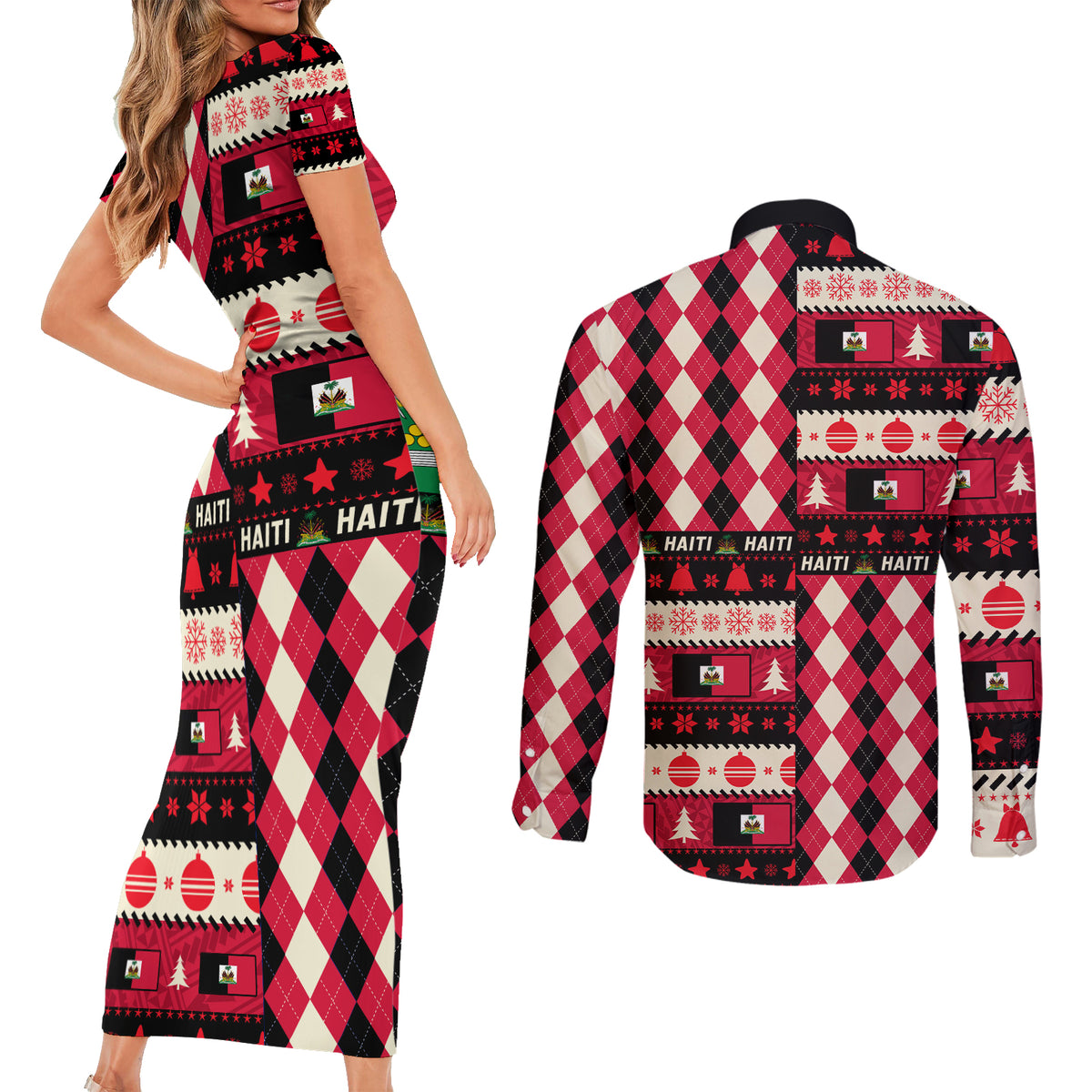 Haiti 1964 Christmas Couples Matching Short Sleeve Bodycon Dress and Long Sleeve Button Shirt Jwaye Nowe 2023 With Coat Of Arms - Wonder Print Shop