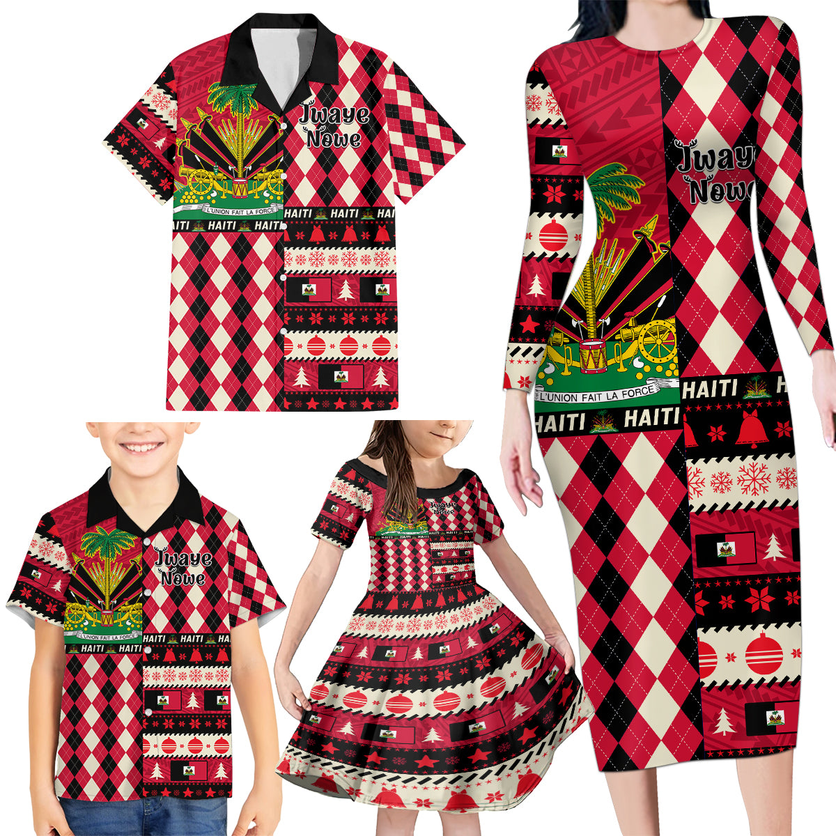 haiti-1964-christmas-family-matching-long-sleeve-bodycon-dress-and-hawaiian-shirt-jwaye-nowe-2023-with-coat-of-arms