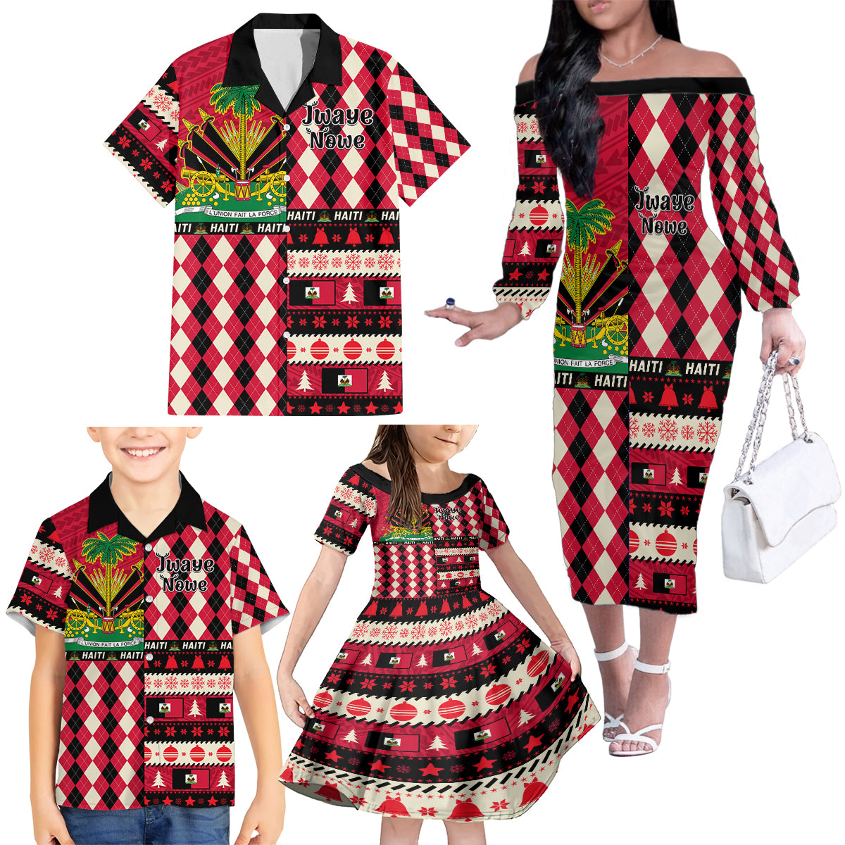 Haiti 1964 Christmas Family Matching Off Shoulder Long Sleeve Dress and Hawaiian Shirt Jwaye Nowe 2023 With Coat Of Arms - Wonder Print Shop