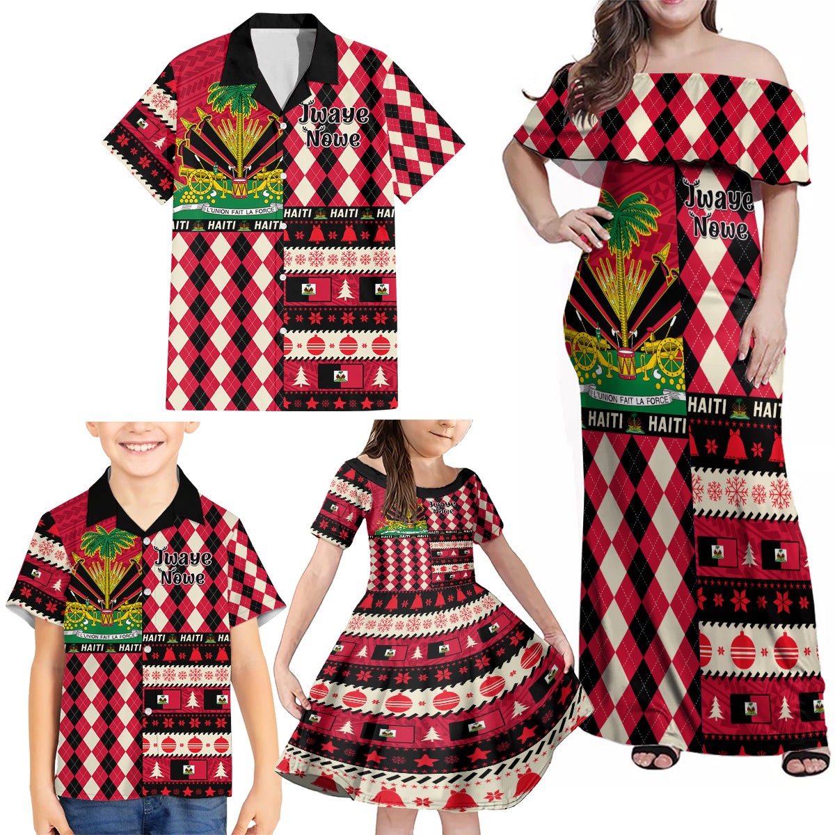 haiti-1964-christmas-family-matching-off-shoulder-maxi-dress-and-hawaiian-shirt-jwaye-nowe-2023-with-coat-of-arms
