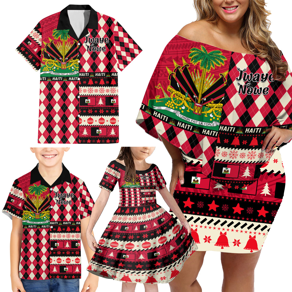 Haiti 1964 Christmas Family Matching Off Shoulder Short Dress and Hawaiian Shirt Jwaye Nowe 2023 With Coat Of Arms - Wonder Print Shop