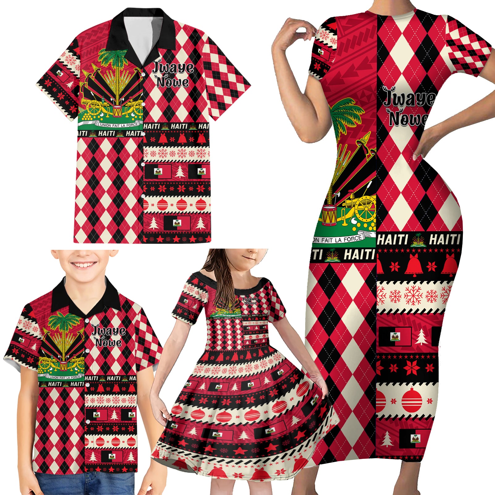 haiti-1964-christmas-family-matching-short-sleeve-bodycon-dress-and-hawaiian-shirt-jwaye-nowe-2023-with-coat-of-arms