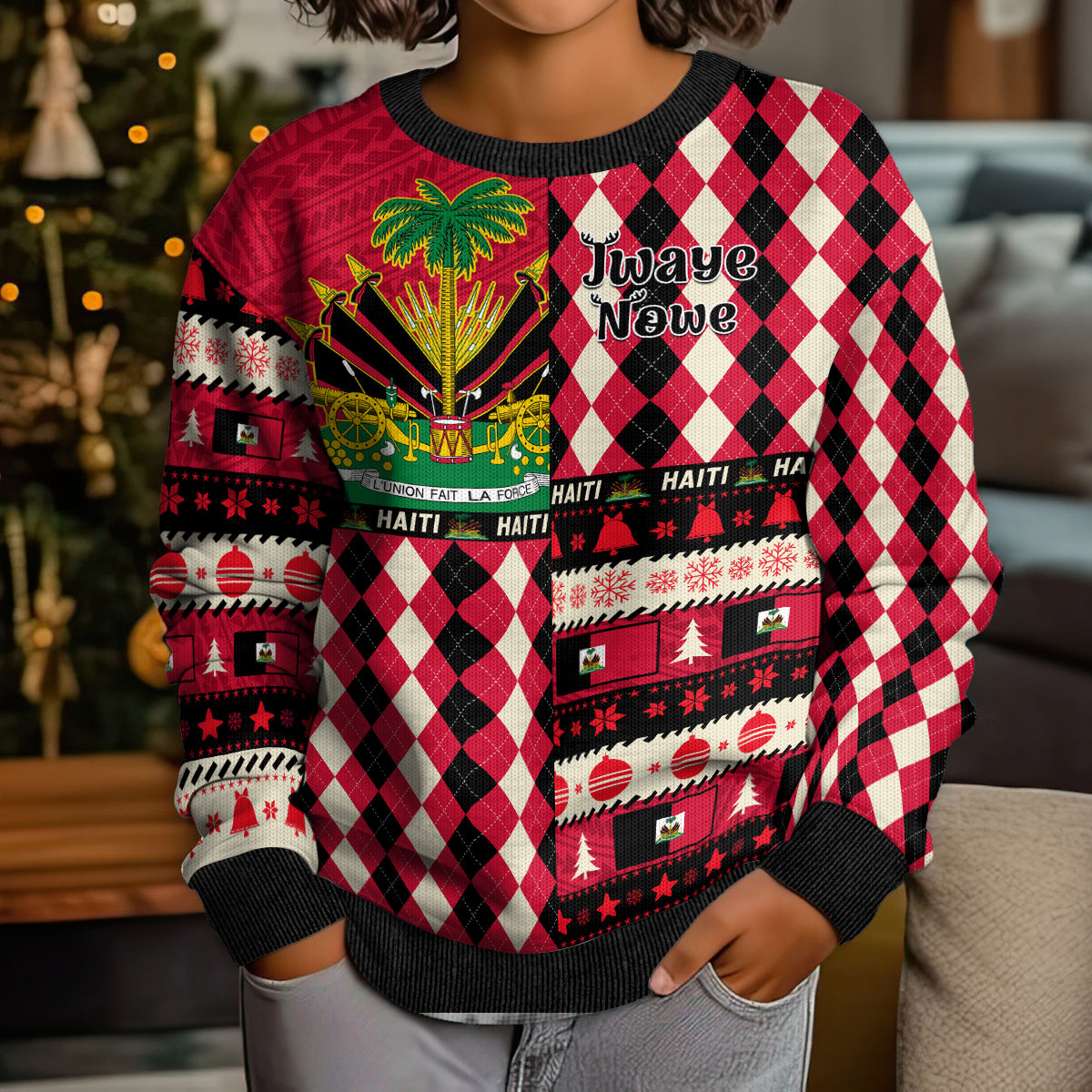 Haiti 1964 Christmas Kid Ugly Christmas Sweater Jwaye Nowe 2023 With Coat Of Arms - Wonder Print Shop