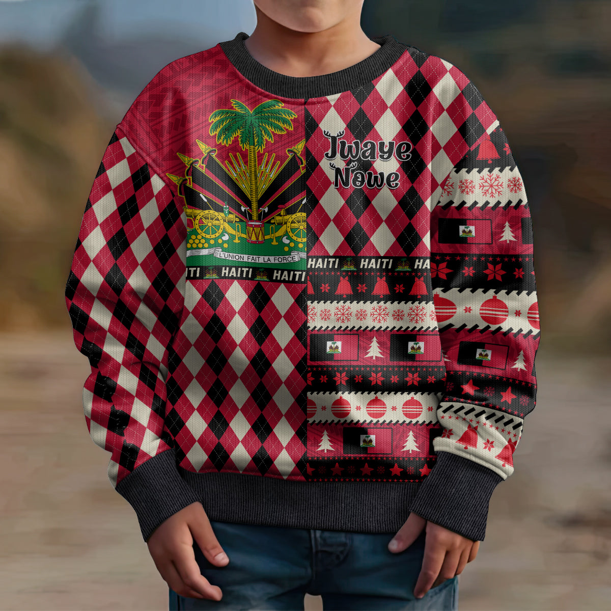 Haiti 1964 Christmas Kid Ugly Christmas Sweater Jwaye Nowe 2023 With Coat Of Arms - Wonder Print Shop