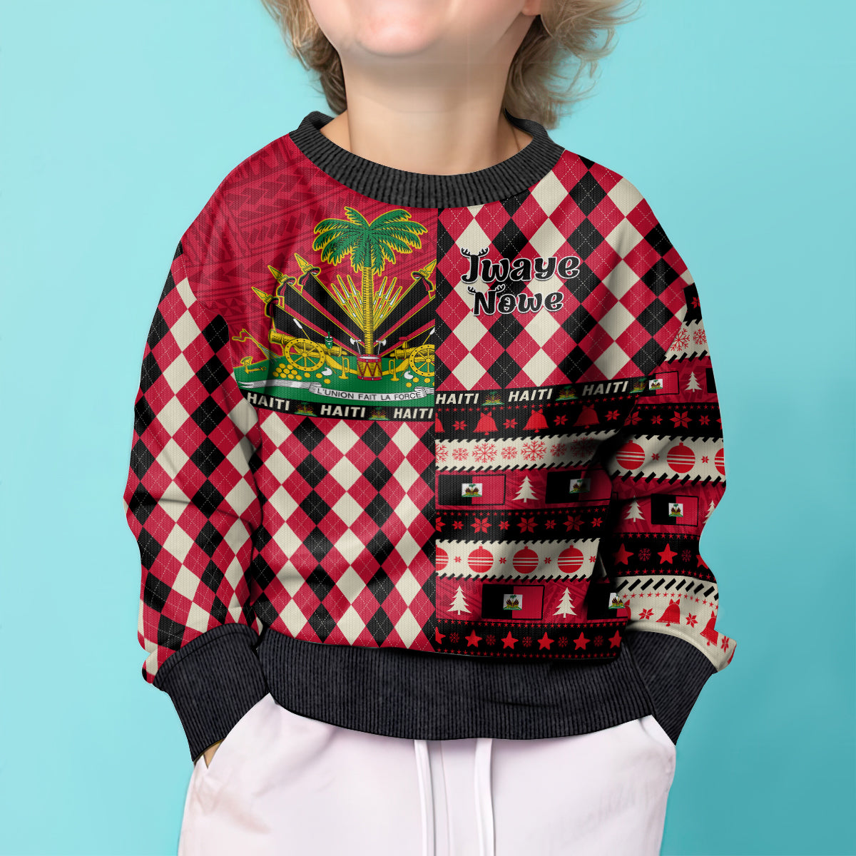 Haiti 1964 Christmas Kid Ugly Christmas Sweater Jwaye Nowe 2023 With Coat Of Arms - Wonder Print Shop