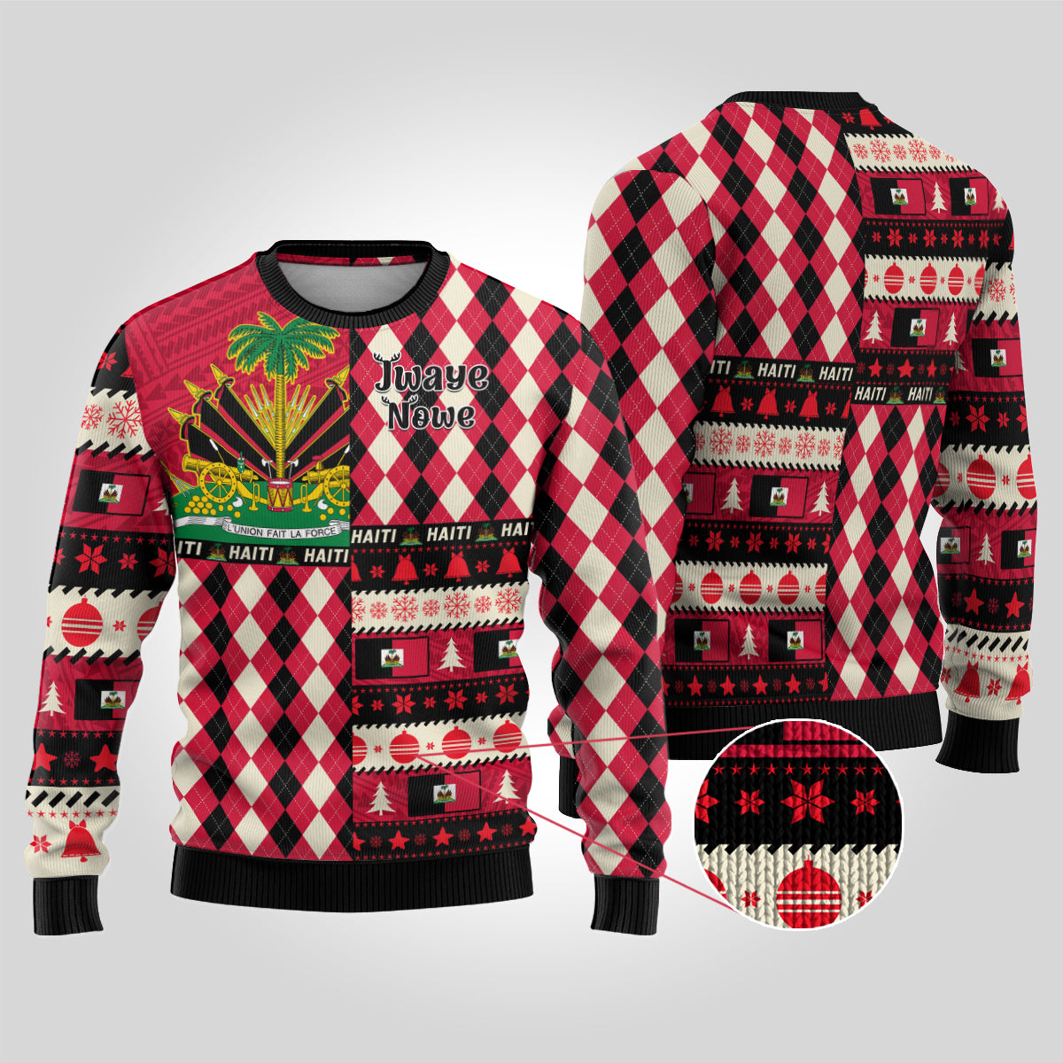 Haiti 1964 Christmas Ugly Christmas Sweater Jwaye Nowe 2023 With Coat Of Arms - Wonder Print Shop