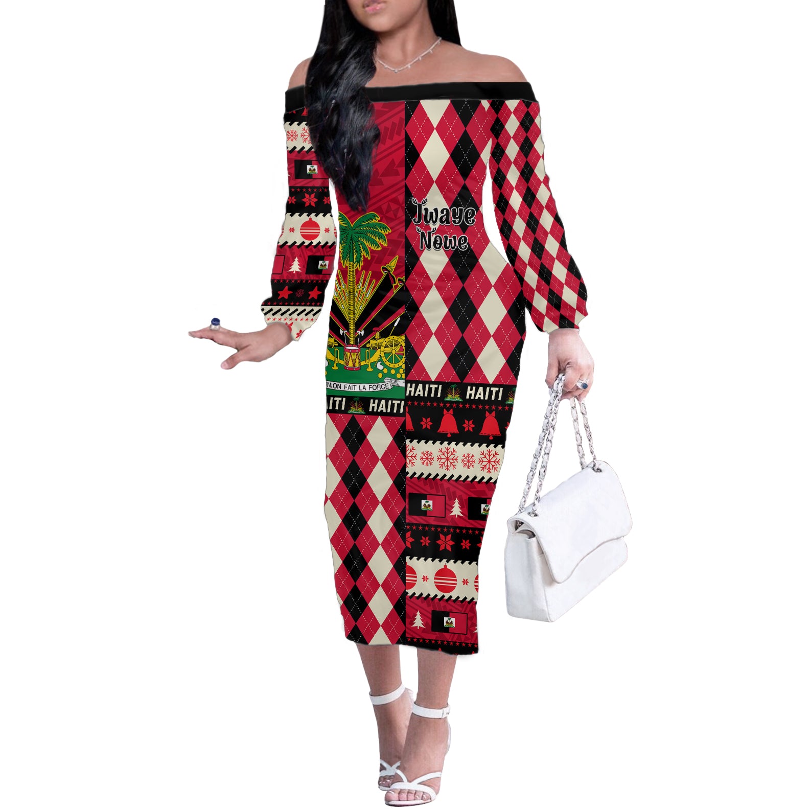 Haiti 1964 Christmas Off The Shoulder Long Sleeve Dress Jwaye Nowe 2023 With Coat Of Arms - Wonder Print Shop