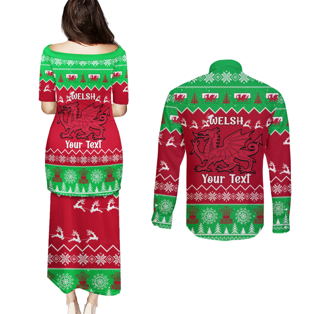 Personalised Wales Christmas Couples Matching Puletasi Dress and Long Sleeve Button Shirt Nadolig Llawen Cymru Unique Version - Wonder Print Shop