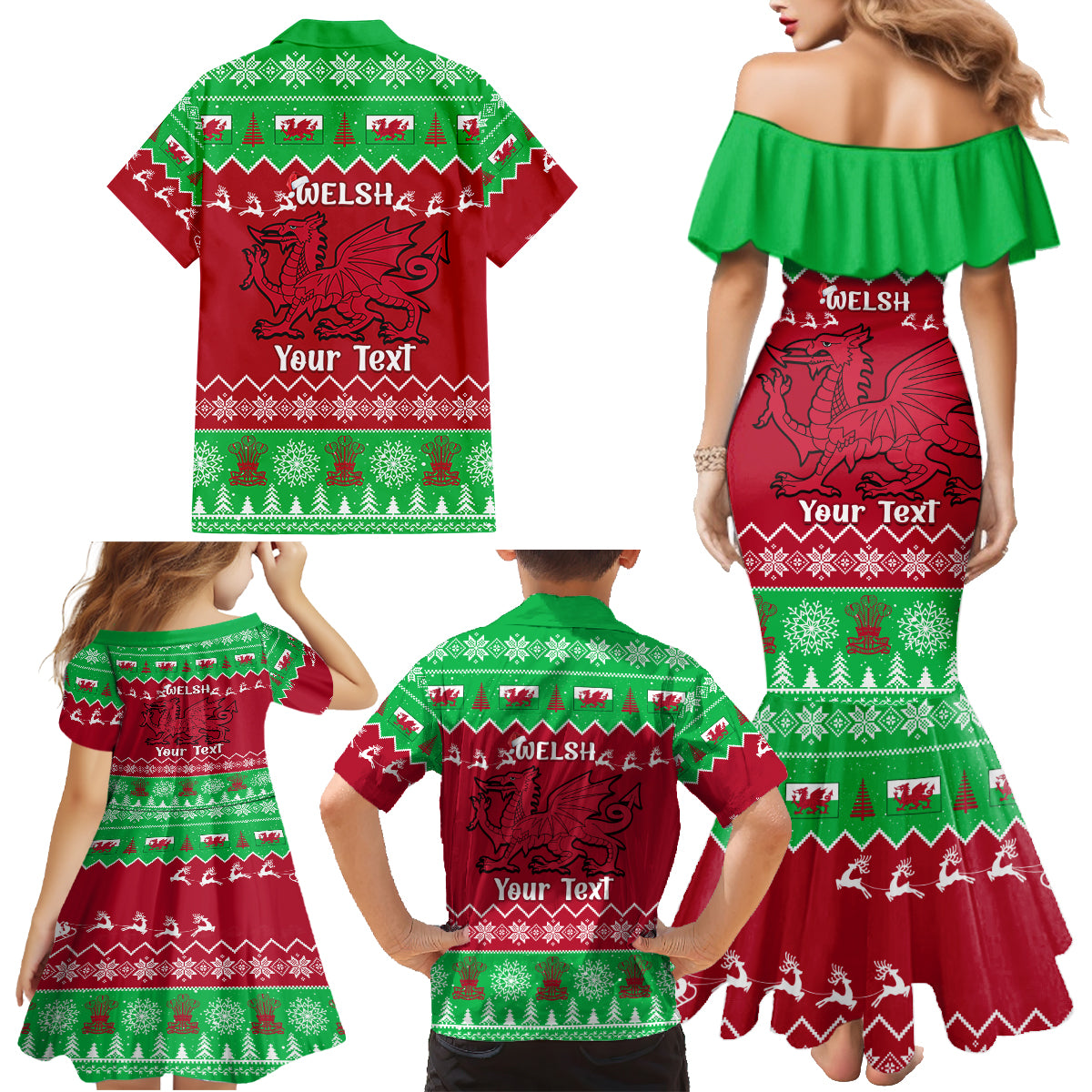 Personalised Wales Christmas Family Matching Mermaid Dress and Hawaiian Shirt Nadolig Llawen Cymru Unique Version - Wonder Print Shop