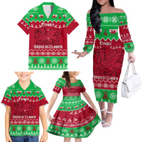 Personalised Wales Christmas Family Matching Off Shoulder Long Sleeve Dress and Hawaiian Shirt Nadolig Llawen Cymru Unique Version - Wonder Print Shop