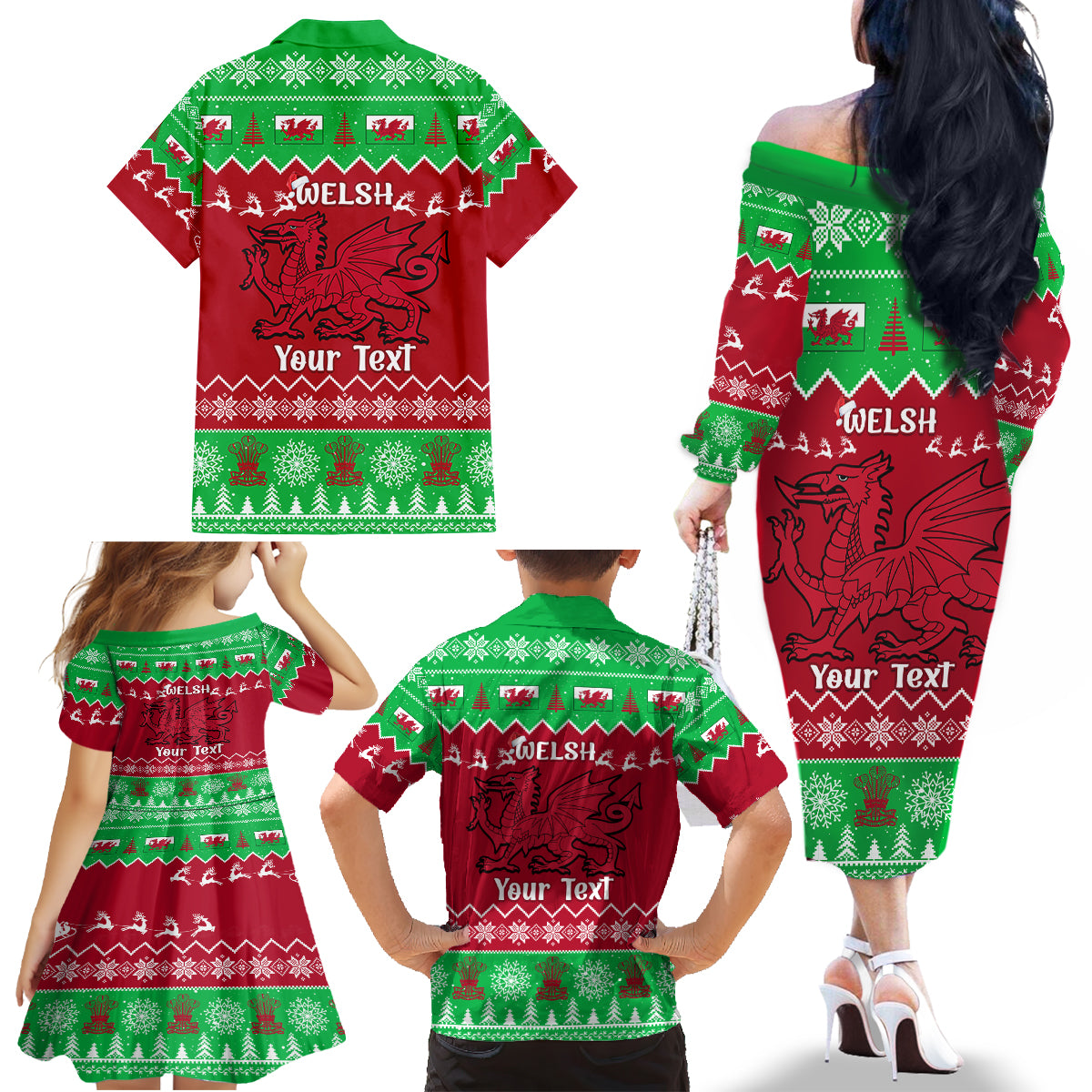 Personalised Wales Christmas Family Matching Off Shoulder Long Sleeve Dress and Hawaiian Shirt Nadolig Llawen Cymru Unique Version - Wonder Print Shop