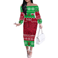 Personalised Wales Christmas Family Matching Off Shoulder Long Sleeve Dress and Hawaiian Shirt Nadolig Llawen Cymru Unique Version - Wonder Print Shop