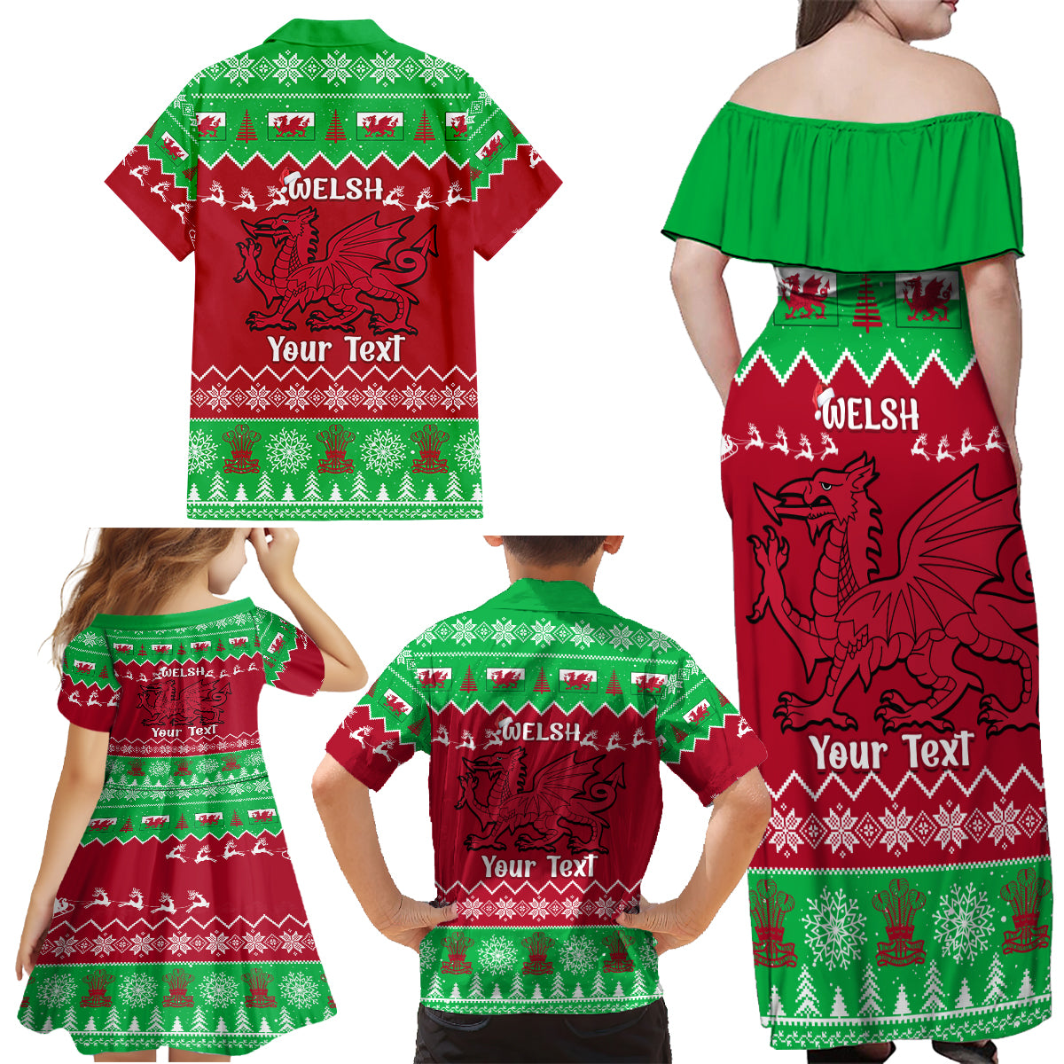Personalised Wales Christmas Family Matching Off Shoulder Maxi Dress and Hawaiian Shirt Nadolig Llawen Cymru Unique Version - Wonder Print Shop