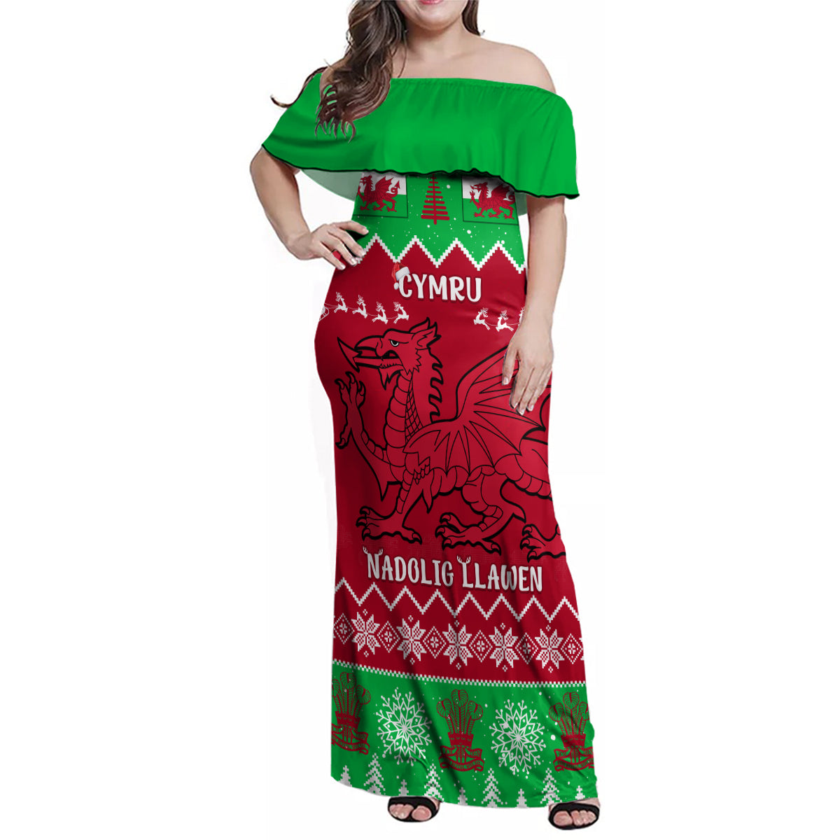 Personalised Wales Christmas Family Matching Off Shoulder Maxi Dress and Hawaiian Shirt Nadolig Llawen Cymru Unique Version - Wonder Print Shop