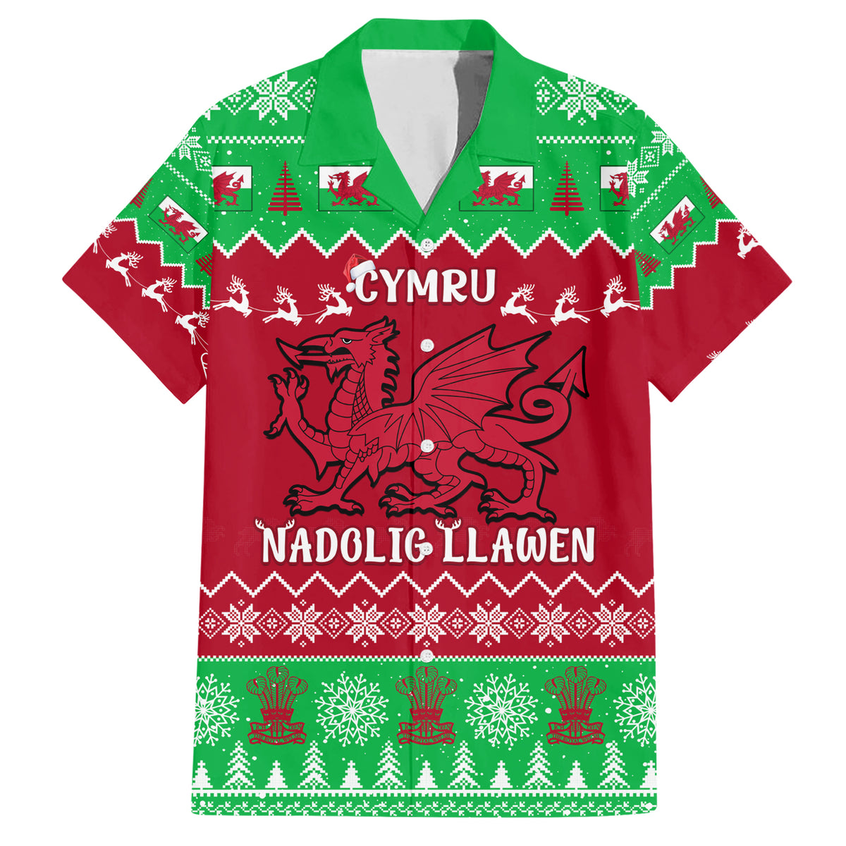 Personalised Wales Christmas Family Matching Short Sleeve Bodycon Dress and Hawaiian Shirt Nadolig Llawen Cymru Unique Version - Wonder Print Shop