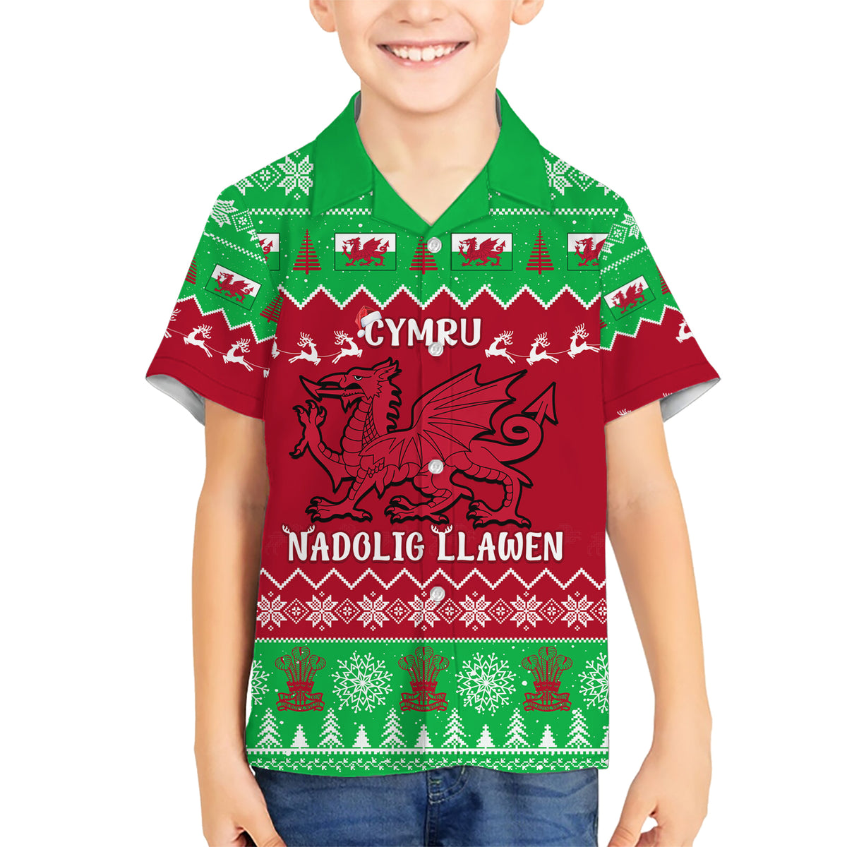Personalised Wales Christmas Family Matching Short Sleeve Bodycon Dress and Hawaiian Shirt Nadolig Llawen Cymru Unique Version - Wonder Print Shop