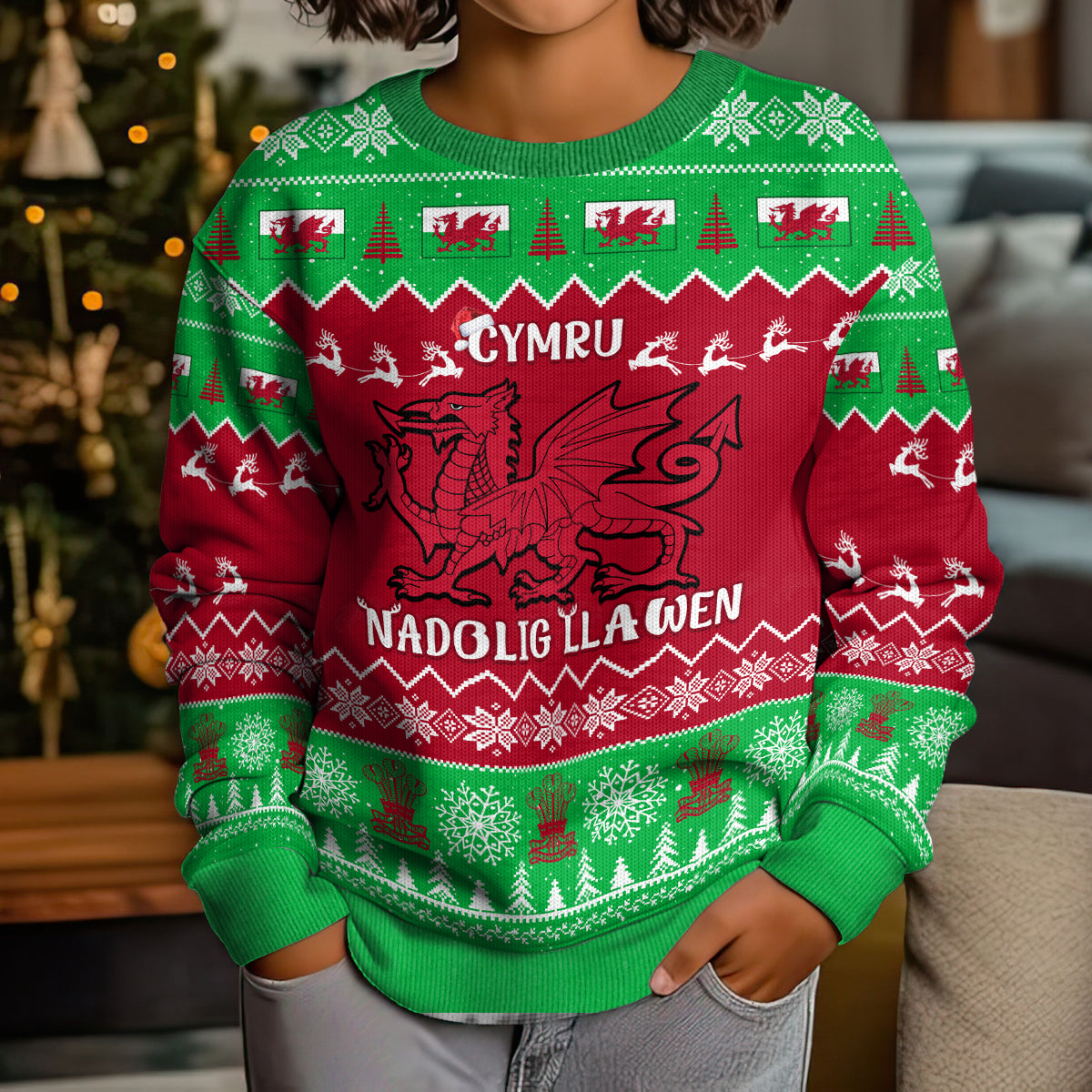Personalised Wales Christmas Kid Ugly Christmas Sweater Nadolig Llawen Cymru Unique Version - Wonder Print Shop