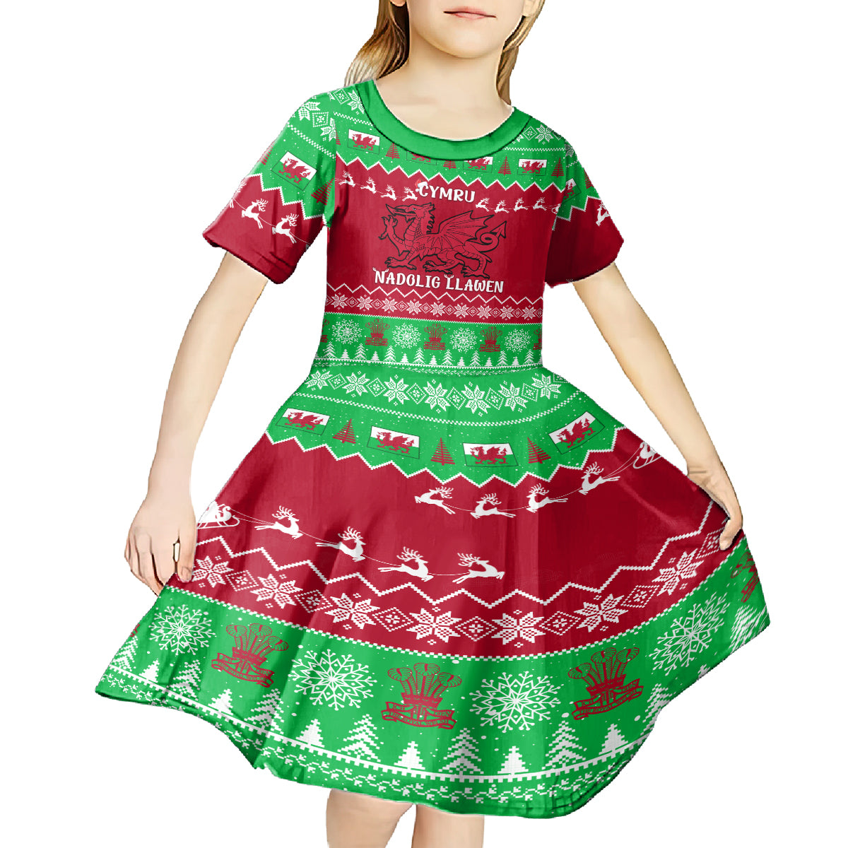 Personalised Wales Christmas Kid Short Sleeve Dress Nadolig Llawen Cymru Unique Version - Wonder Print Shop