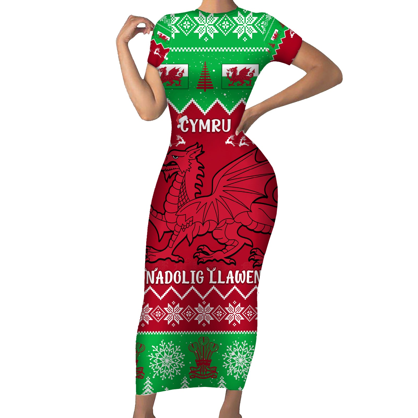 Personalised Wales Christmas Short Sleeve Bodycon Dress Nadolig Llawen Cymru Unique Version - Wonder Print Shop