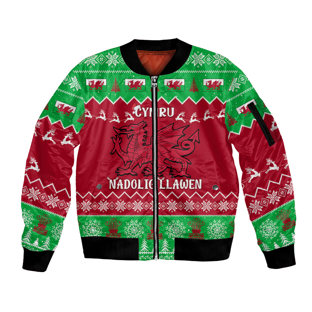 Personalised Wales Christmas Sleeve Zip Bomber Jacket Nadolig Llawen Cymru Unique Version - Wonder Print Shop