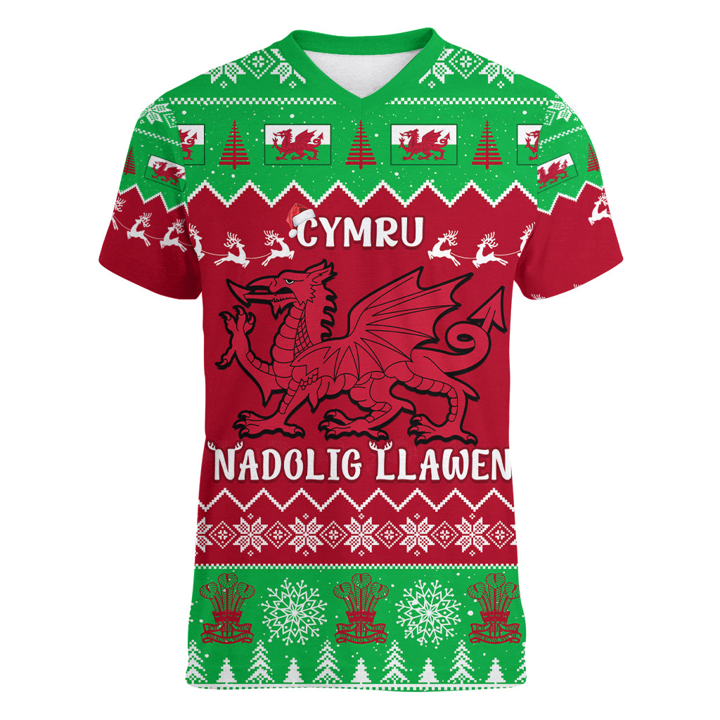 Personalised Wales Christmas Women V Neck T Shirt Nadolig Llawen Cymru Unique Version - Wonder Print Shop