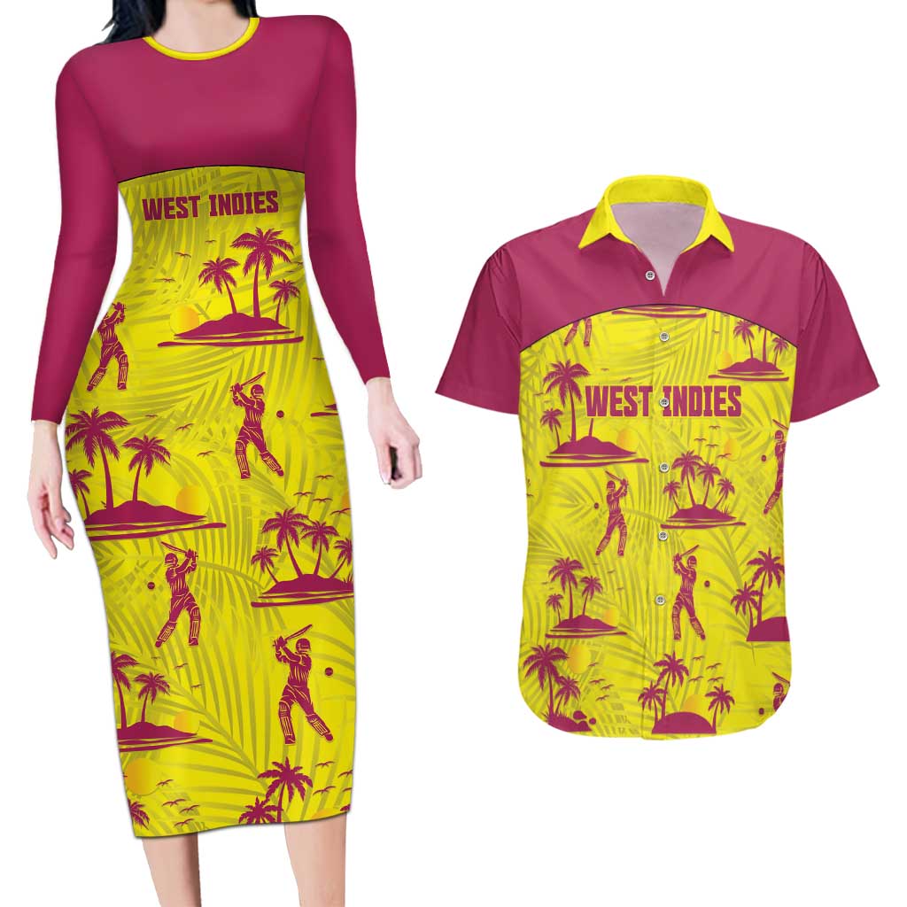 West Indies Cricket Custom Couples Matching Long Sleeve Bodycon Dress and Hawaiian Shirt Windies Palm Tree Tropical Style - Wonder Print Shop