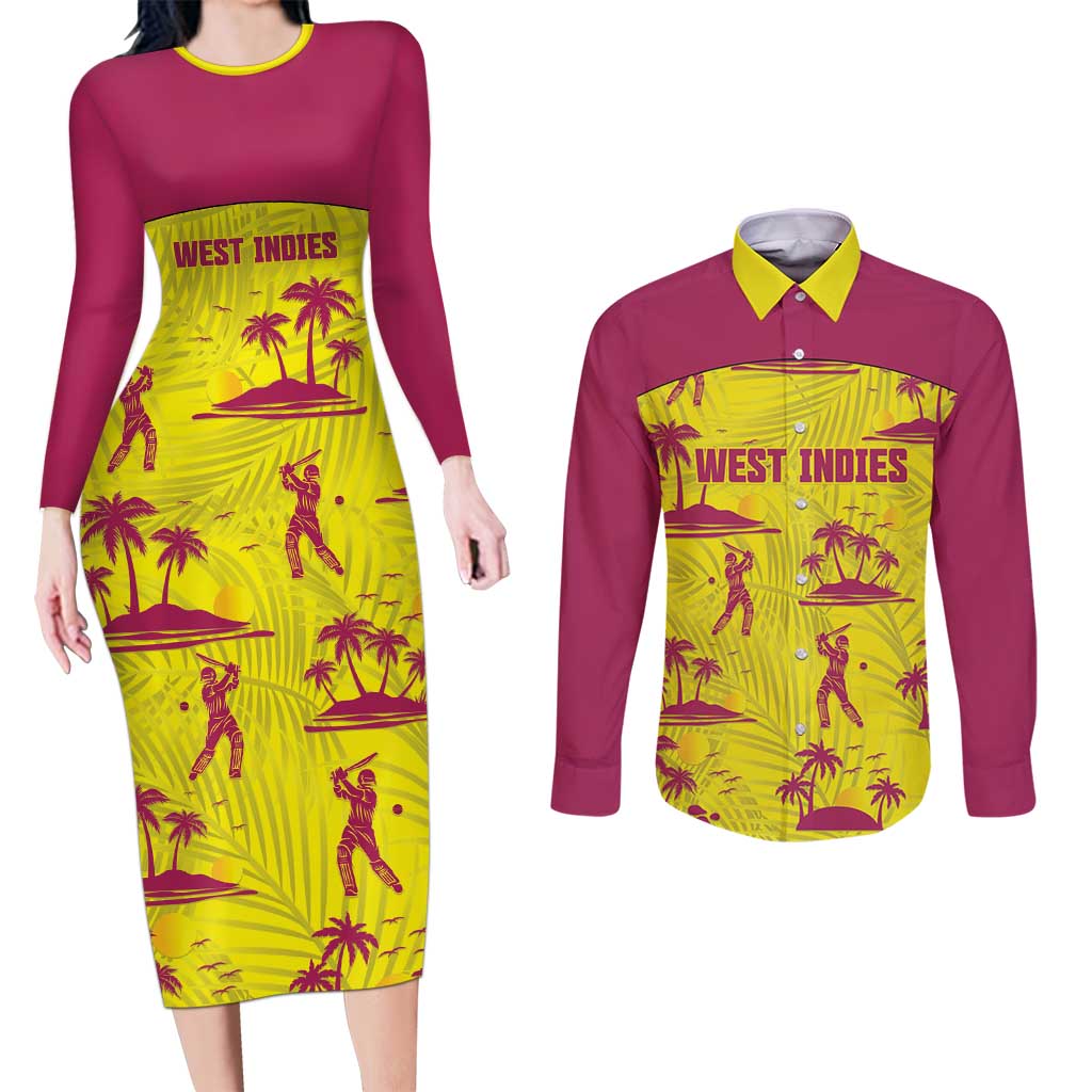 West Indies Cricket Custom Couples Matching Long Sleeve Bodycon Dress and Long Sleeve Button Shirt Windies Palm Tree Tropical Style - Wonder Print Shop