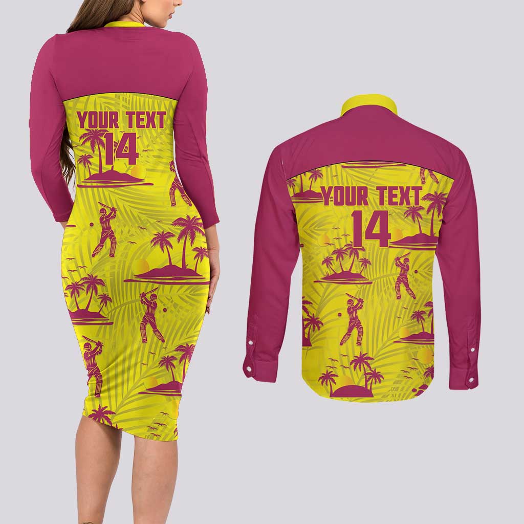 West Indies Cricket Custom Couples Matching Long Sleeve Bodycon Dress and Long Sleeve Button Shirt Windies Palm Tree Tropical Style - Wonder Print Shop
