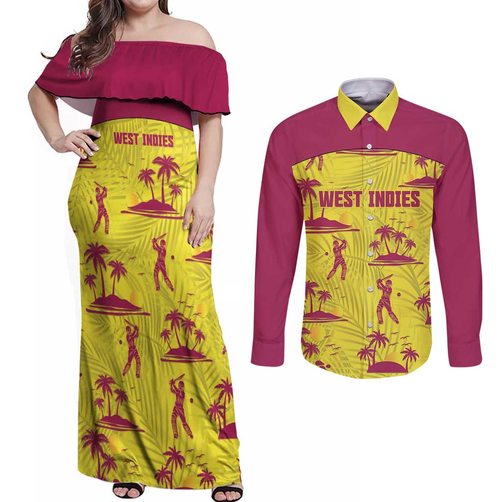 West Indies Cricket Custom Couples Matching Off Shoulder Maxi Dress and Long Sleeve Button Shirt Windies Palm Tree Tropical Style - Wonder Print Shop